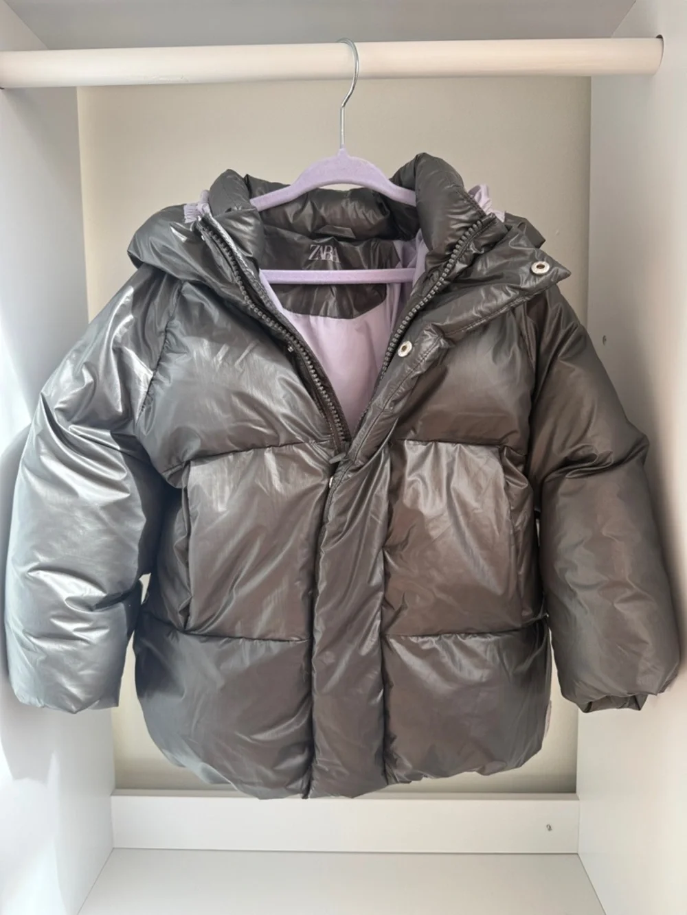 Zara Kids Shiny Charcoal Puffer Jacket with Hood